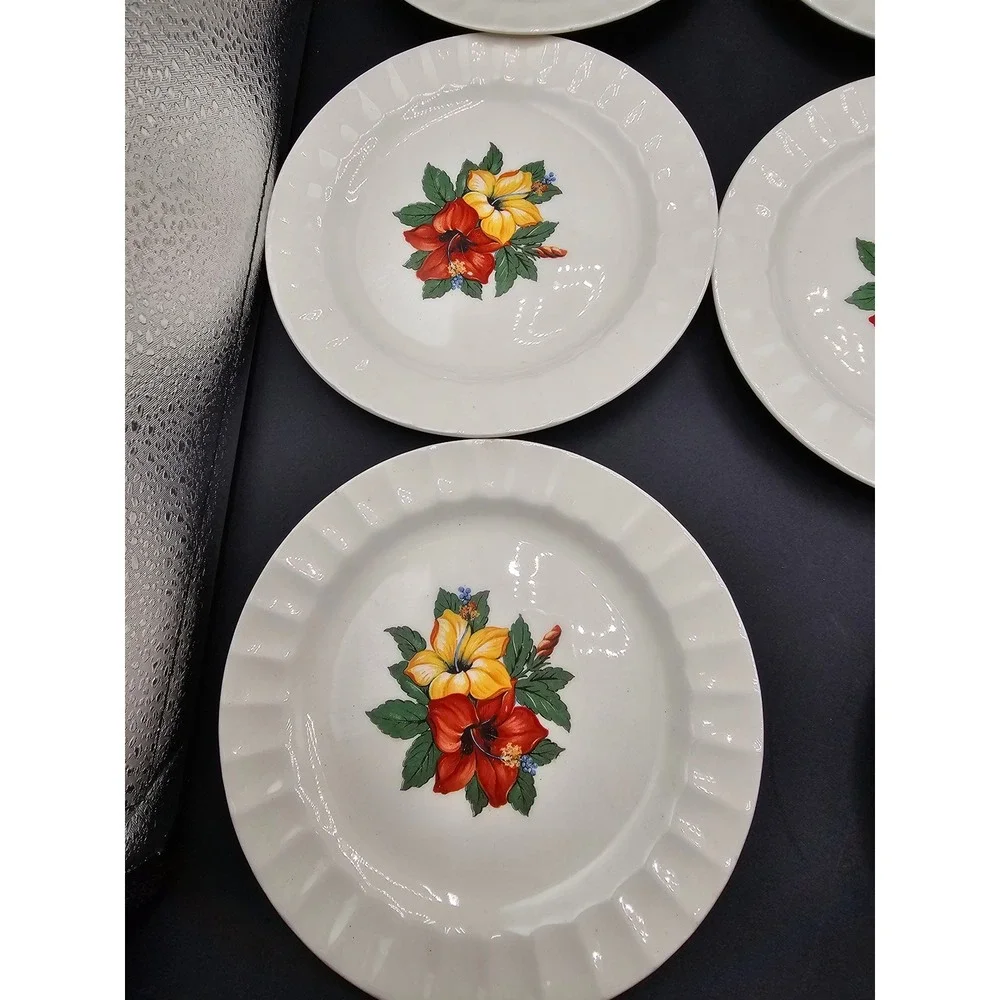 Vintage Cronin China Hibiscus Dessert Plates Set of 8 Red Yellow Floral 6.25in